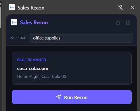 SalesRecon extension showing a battlecard for coca-cola.com